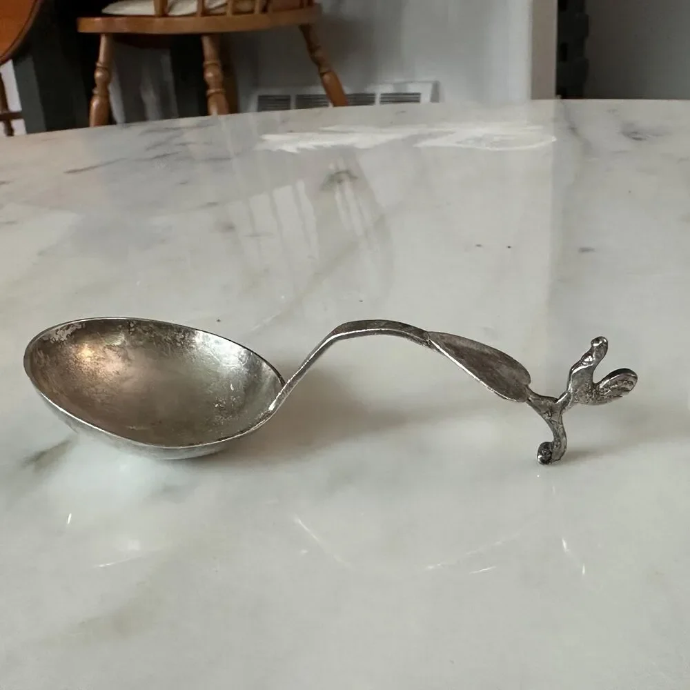 1874 Dutch Silver Mini Ladle Monkey Spoon Rooster Finial Heart .833 Silver 24g
